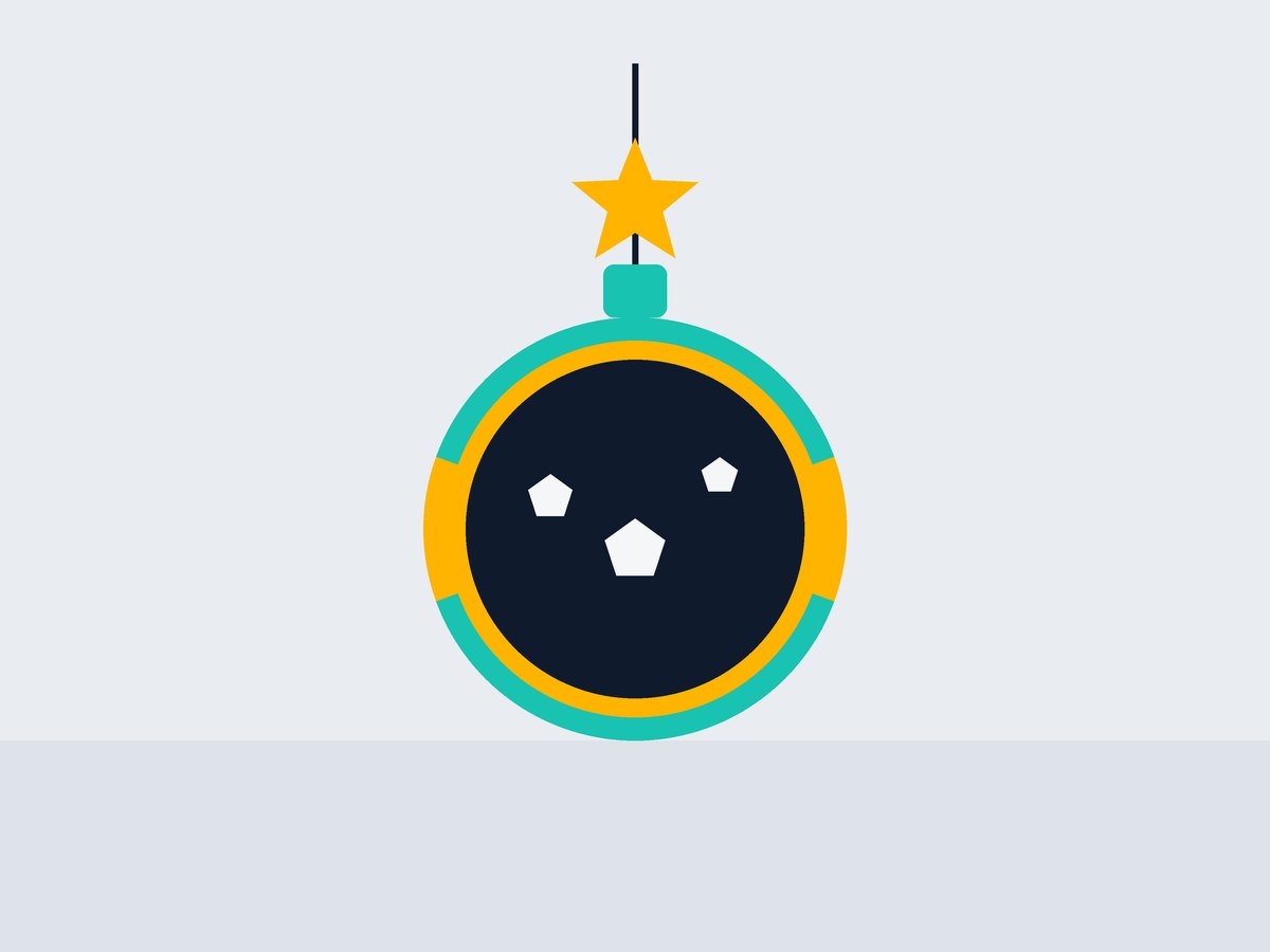 Ilustração de uma bola de Natal com estrela no topo e faixas coloridas